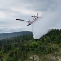 A Fire Boss airplane drops water on a tree-covered landscape.