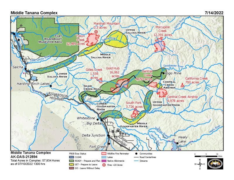 This image if a map of the Middle Tanana Complex and shows fire perimeters for the Yukon Creek, Marshall Mountain, Central Creek, Central Creek Airstrip, Porcupine Creek, South Fork, Gold Hub, California Creek, and Gilles Creek fires. It also shows areas under the evacuation status' Ready and Set.