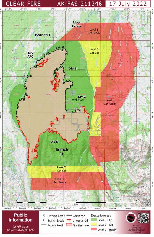 A map with green, yellow, and red section showing fire perimeter and evacuation zones. For evacuation info contact the Denali Borough at 907- 683-1330