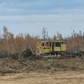 A yellow bulldozer pushes a berm of dirt, brush, and trees with burned area in background and bare dirt in foreground.