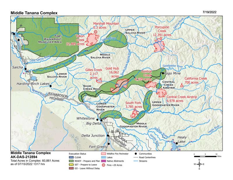 Map of the Middle Tanana Complex for July 19, 2022. Map shows names and acres of multiple fires, communities, and geographic features.
