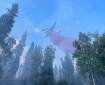 Aircraft flying above trees against a blue sky drops a red colored material known as retardant on (600) Old Ridge Trail Fire. Area has light smoke.