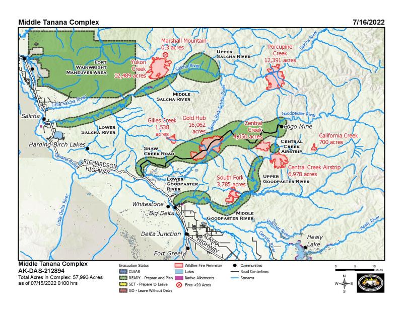 Image of the Middle Tanana Complex with perimeters for the Yukon Creek, Marshall Mountain, Central Creek, Central Creek Airstrip, Porcupine Creek, South Fork, Gold Hub, California Creek, and Gilles Creek fires. It also has areas in Ready evacuation status marked in green.