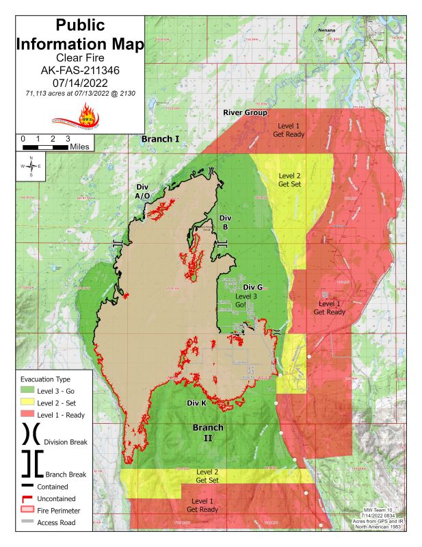 A map with green, yellow, and red section showing fire perimeter and evacuation zones. For evacuation info contact the Denali Borough at 907- 683-1330