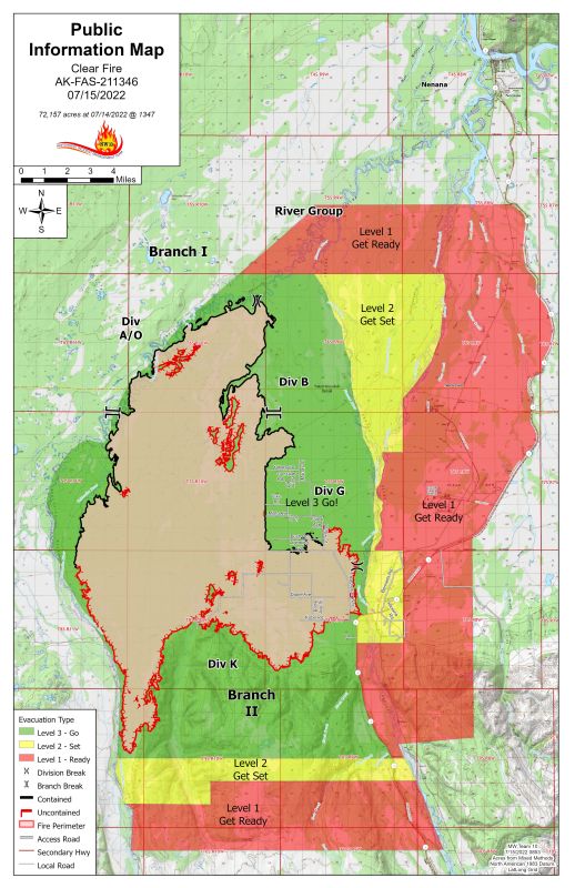 A map with green, yellow, and red section showing fire perimeter and evacuation zones. For evacuation info contact the Denali Borough at 907- 683-1330