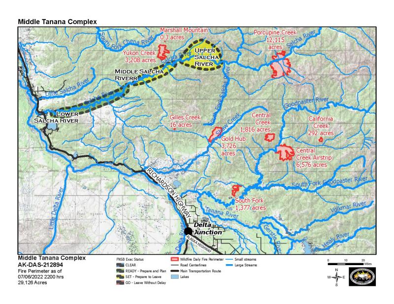 Image of a map with the Yukon, Marshall Mountain, Central Creek, Central Creek Airstrip, Porcupine Creek, South Fork, Gold Hub, California Creek, and Gilles Creek fires. It shows a Ready evacuation status in green for the Lower Salcha River, and a Set evacuation status in Yellow for the Middle Salcha River and Upper Salcha River. 