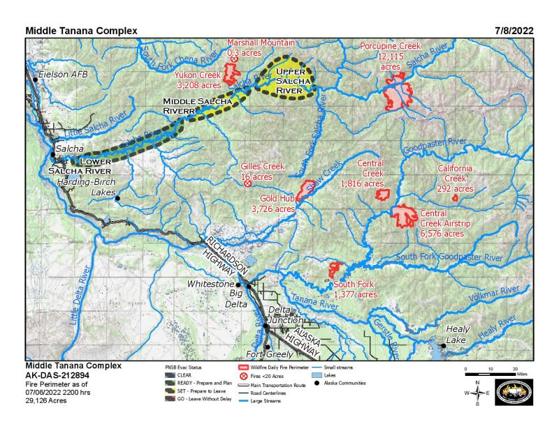 Image of the Middle Tanana Complex Fire map. It has nine fires outlined in red, with evacuation statuses along the Middle Salcha River highlighted in Green and Yellow. 