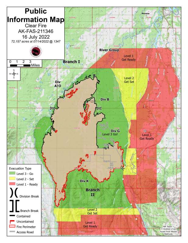 A map with green, yellow, and red section showing fire perimeter and evacuation zones. For evacuation info contact the Denali Borough at 907- 683-1330