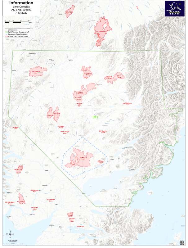 A map that shows the boundary of the Lime Complex with fires in red
