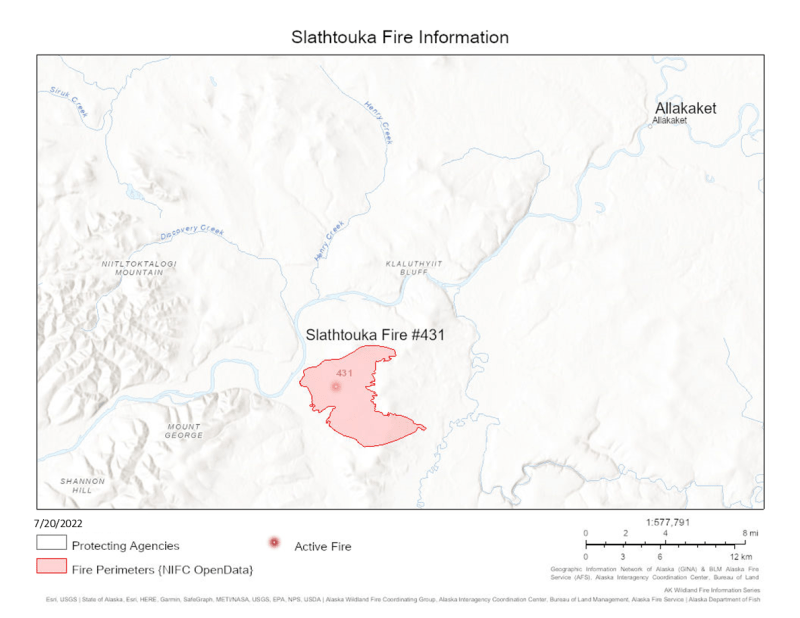 Slathtoucka Fire Map for July 20, 2022. Map showing fire perimeter with nearby geographic features and the community of Allakaket labeled.