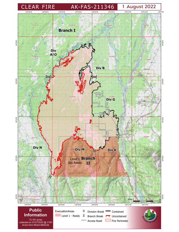 Clear Fire Public Information Map for August 1, 2022 shows fire perimeter and geographic features.