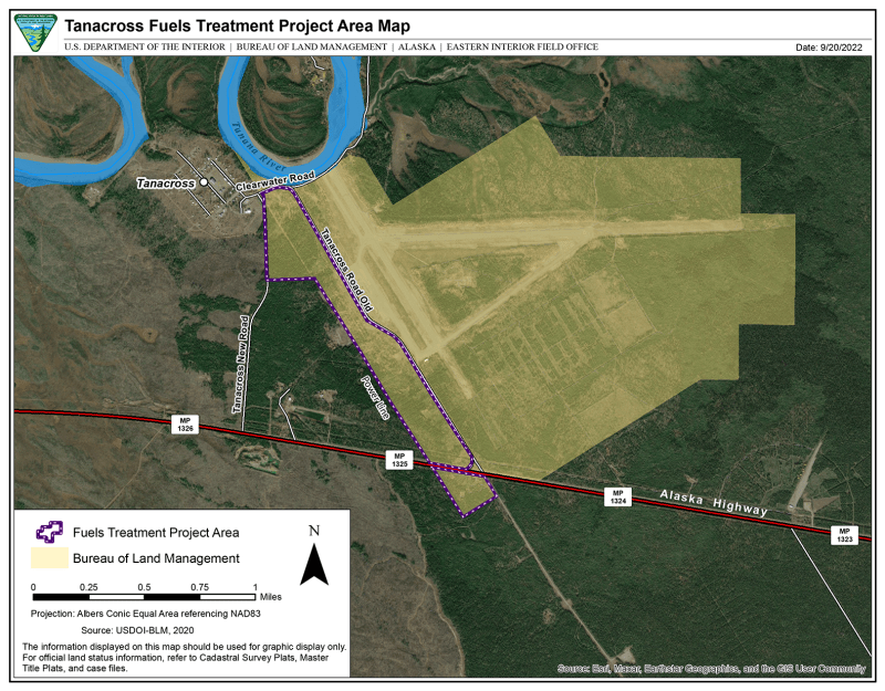 Satellite imagery map showing BLM-managed lands near Tanacross, Alaska and the forest treatment area where the wood piles are to be burned.