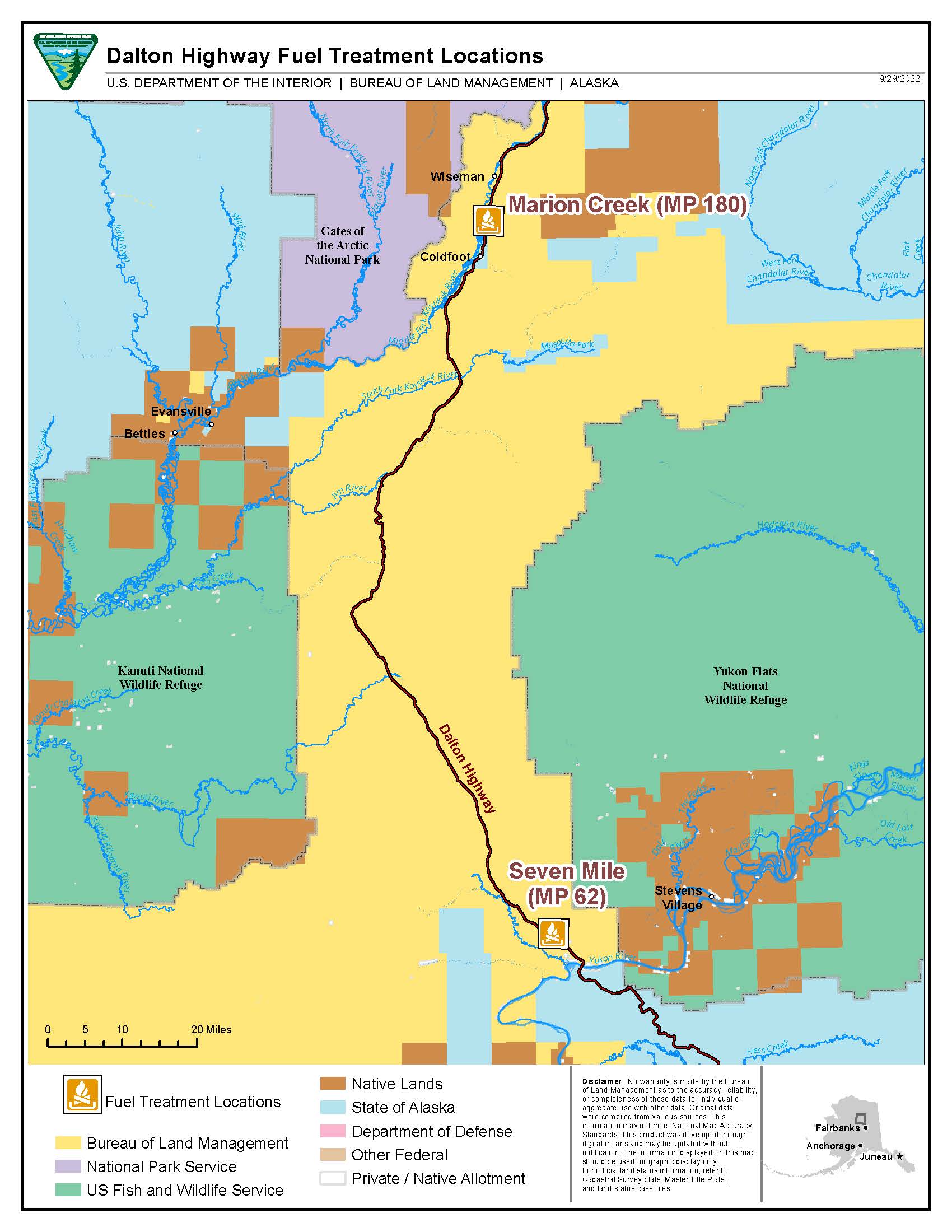 Map of Dalton Highway area and the multi-land management agencies with the two areas targeted for the prescribed burning.