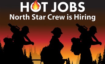 Graphic of three silhouetted firefighters walking against the orange glow of a fire with the words "Hot Jobs, North Star Crew is Hiring" across the top.