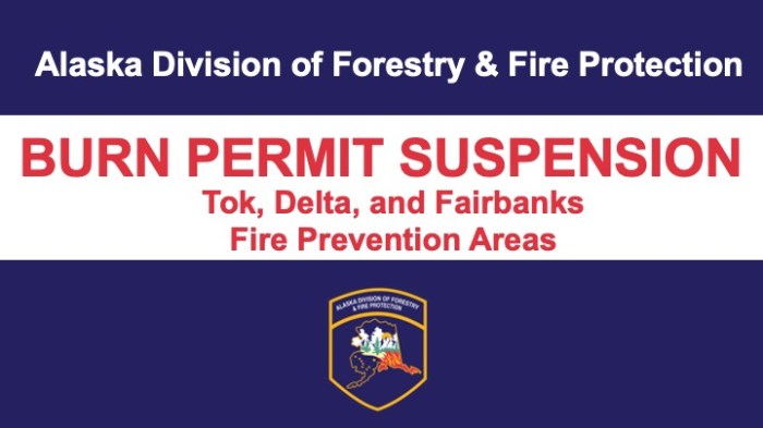 Graphic announcing Alaska Division of Forestry and Fire Protection Burn Permit Suspensions for Tok, Delta, and Fairbanks Fire Prevention Areas.