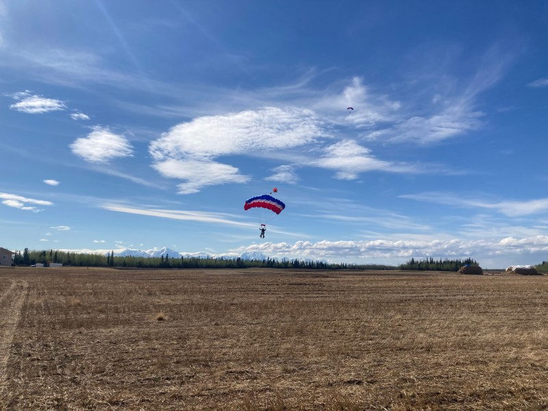 A smokejumper getting ready to land in an agriculture field near the Barley Way Fire on May 20. Photo/BLM AFS Fire Specialist Justen Johansen 