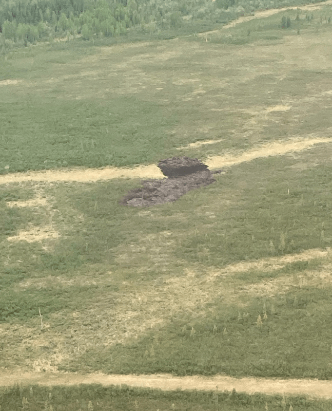 A black, burned spot among green tundra.