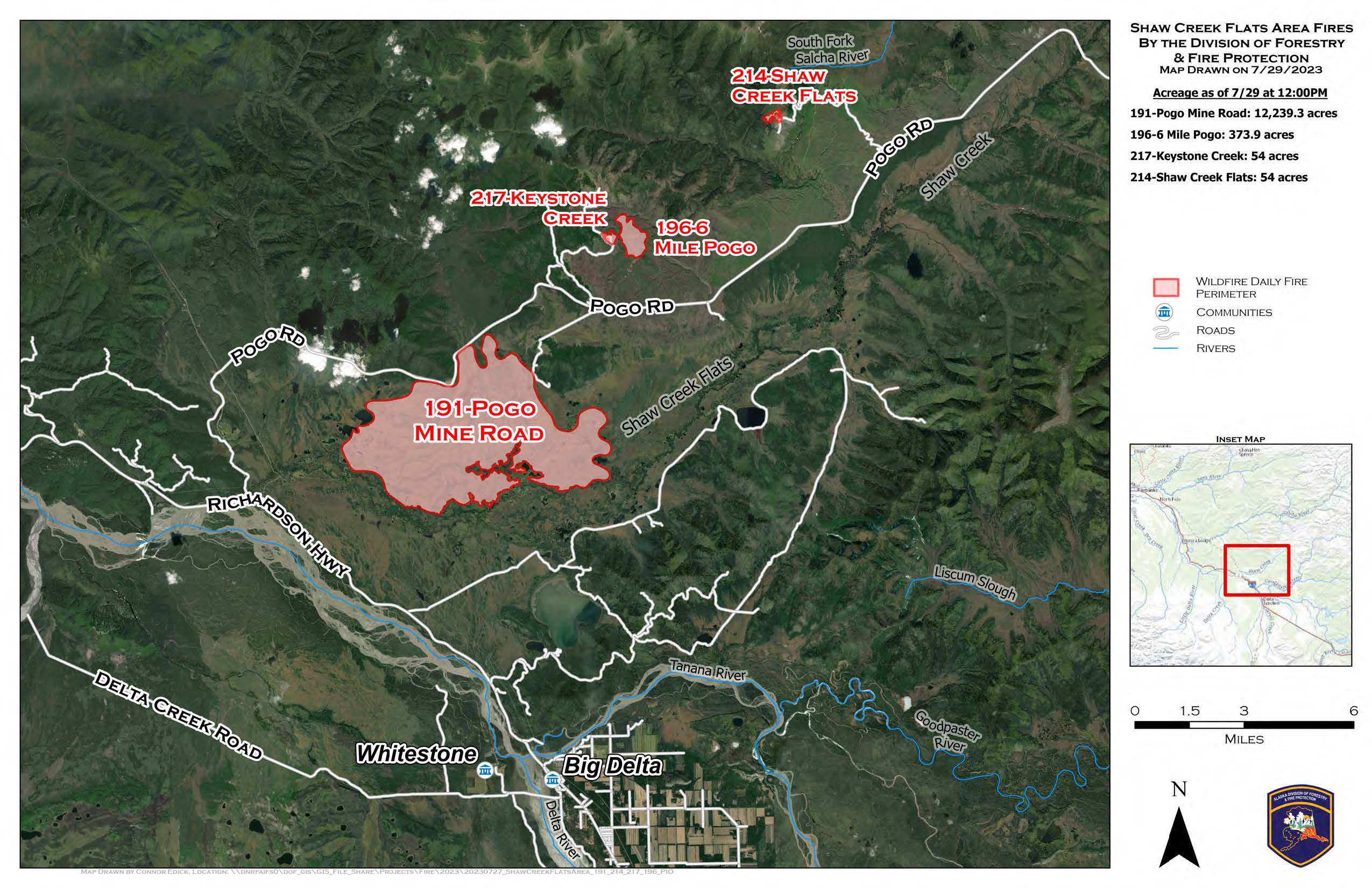 Shaw Creek Flats area fires north of Big Delta including Pogo Mine Road Fire (#191), Keystone Creek Fire (#217), 6 Mile Pogo Fire (#196), and Shaw Creek Flats Fire (#214).