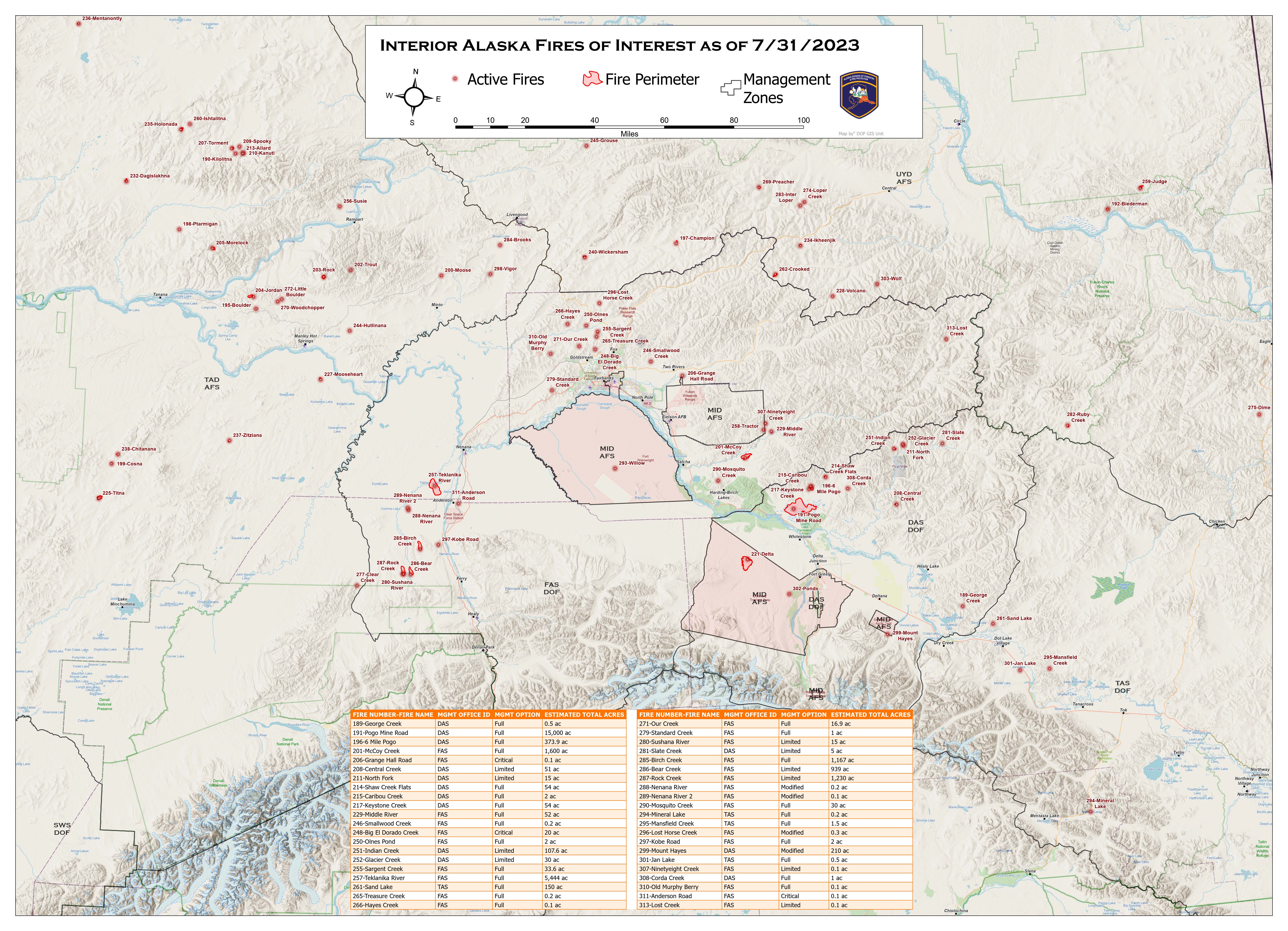 Map of fire activity in the Alaskan Interior as of July 31.