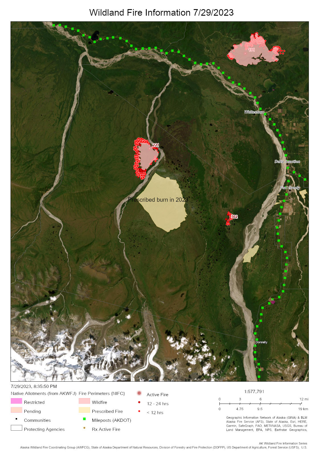 A map showing the burn areas within a green military lands.