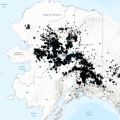 Map of Alaska with black arrows marking the recorded lightning strikes.