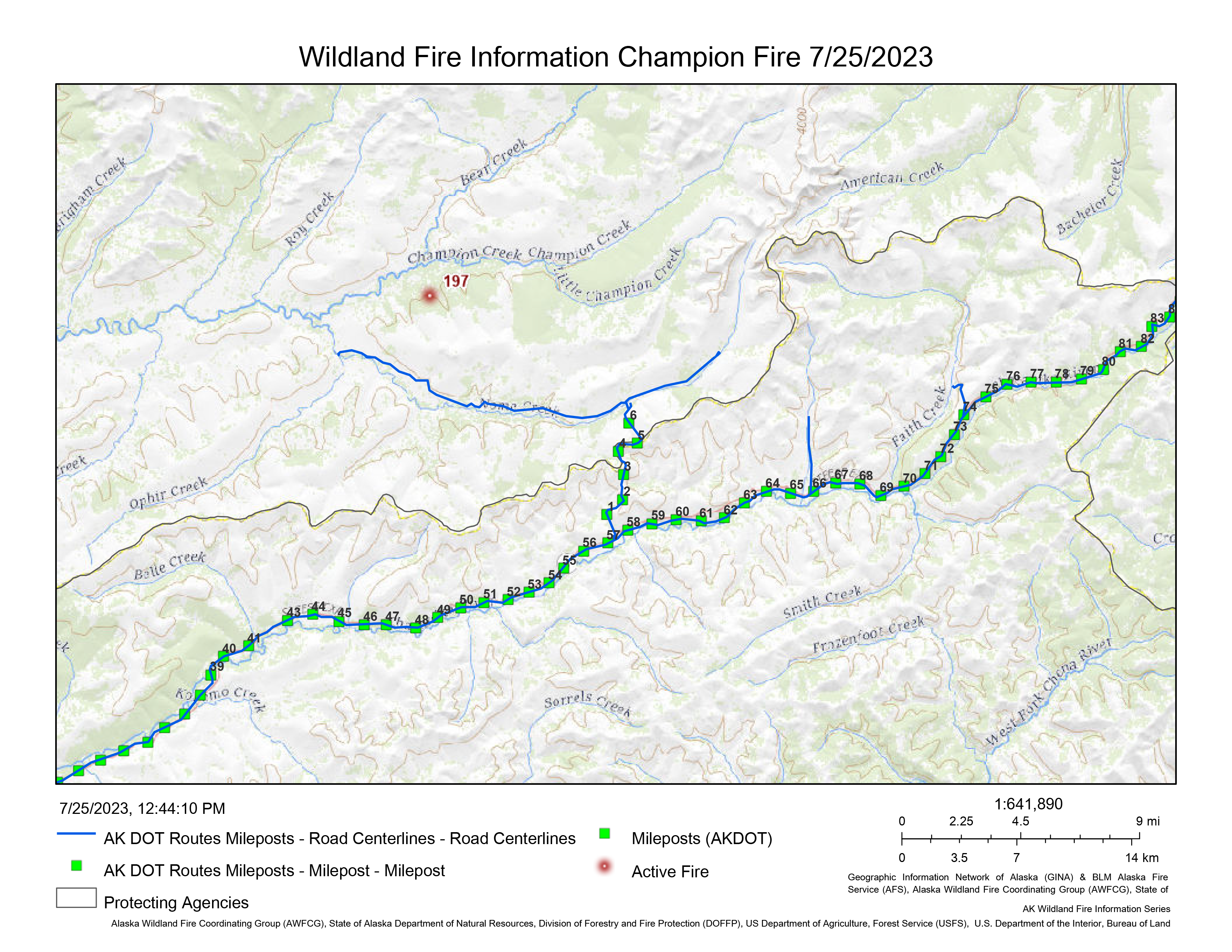 Map showing a fire dot marking a wildfire.