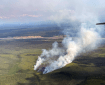 A column of smoke rising from a forested ground with a river in the background.