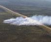 Smoke drifts up from a forest fire burning near a roadway.