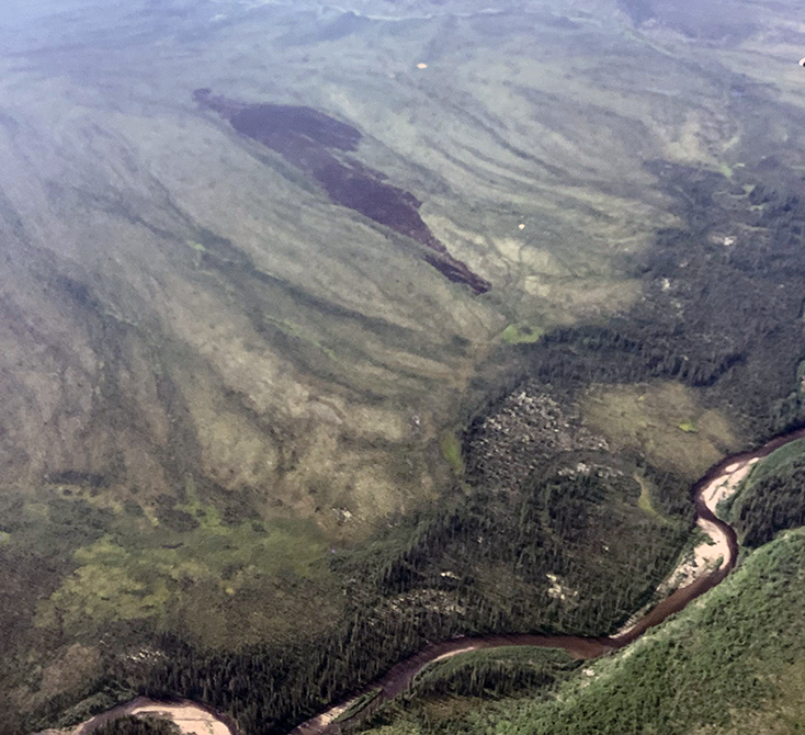 A blackened patch of land on a slope above a creek bed.