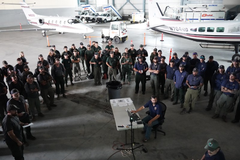 The Union Interagency Hotshot Crew (Oregon), Shasta Lake Interagency Hot Shot Crew (California) and Lassen Interagency Hot Shot Crew (California) at the in briefing for State of Alaska, Division of Forestry & Fire Protection fires in the Alaskan Interior on July 30, 2023..