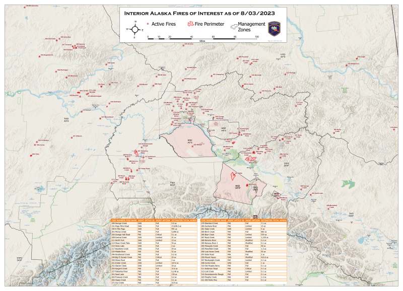 Map of fire activity in the Alaskan Interior as of August 3.