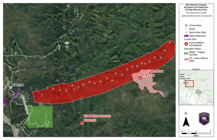 Map of McCoy Creek Fire (#201) and Mosquito Creek Fire (#290) as of August 4.