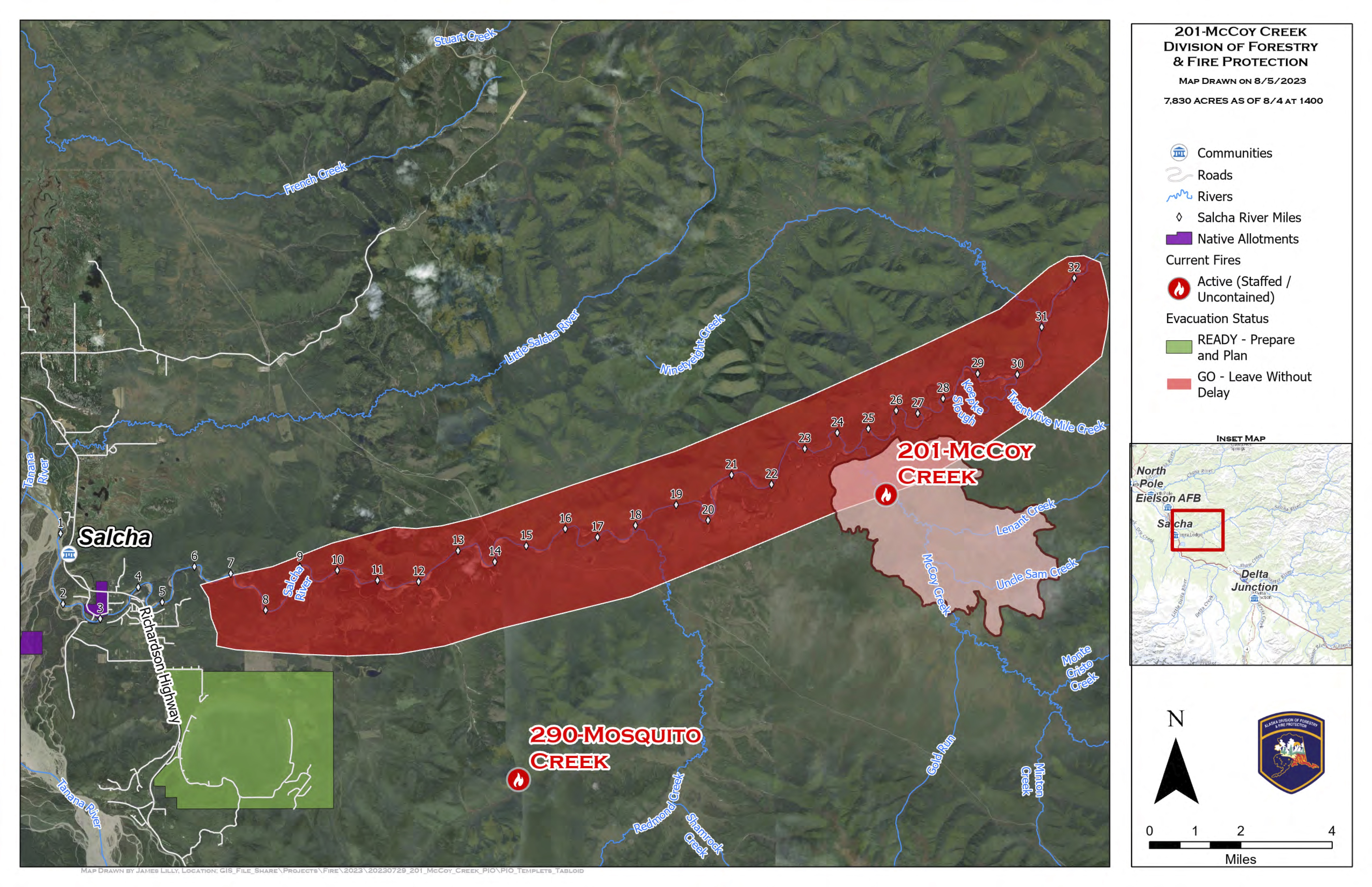 Map of McCoy Creek Fire (#201) and Mosquito Creek Fire (#290) as of August 5.