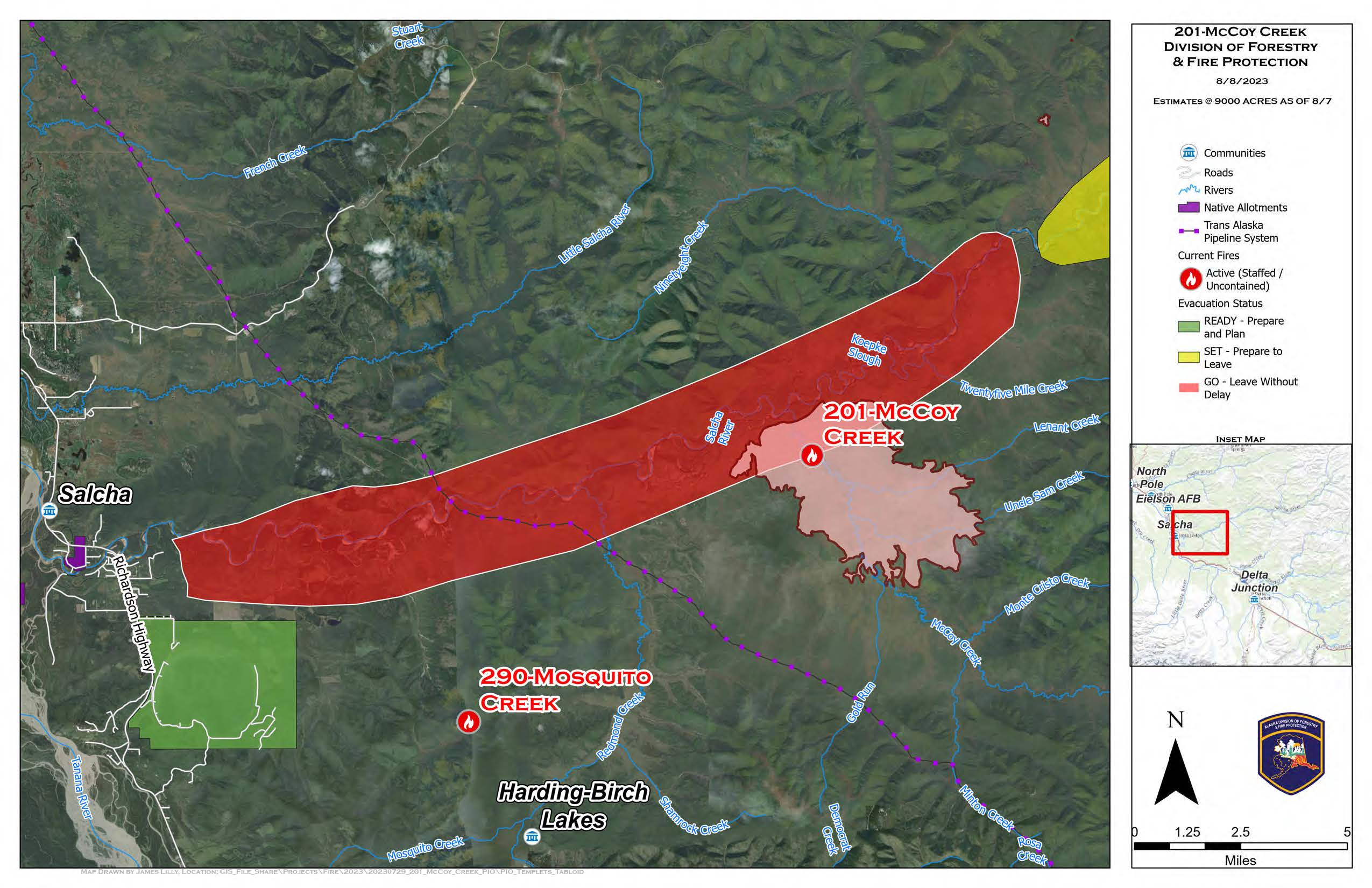 Map of McCoy Creek (#201) and Mosquito Creek (#290) Fires as of August 8.
