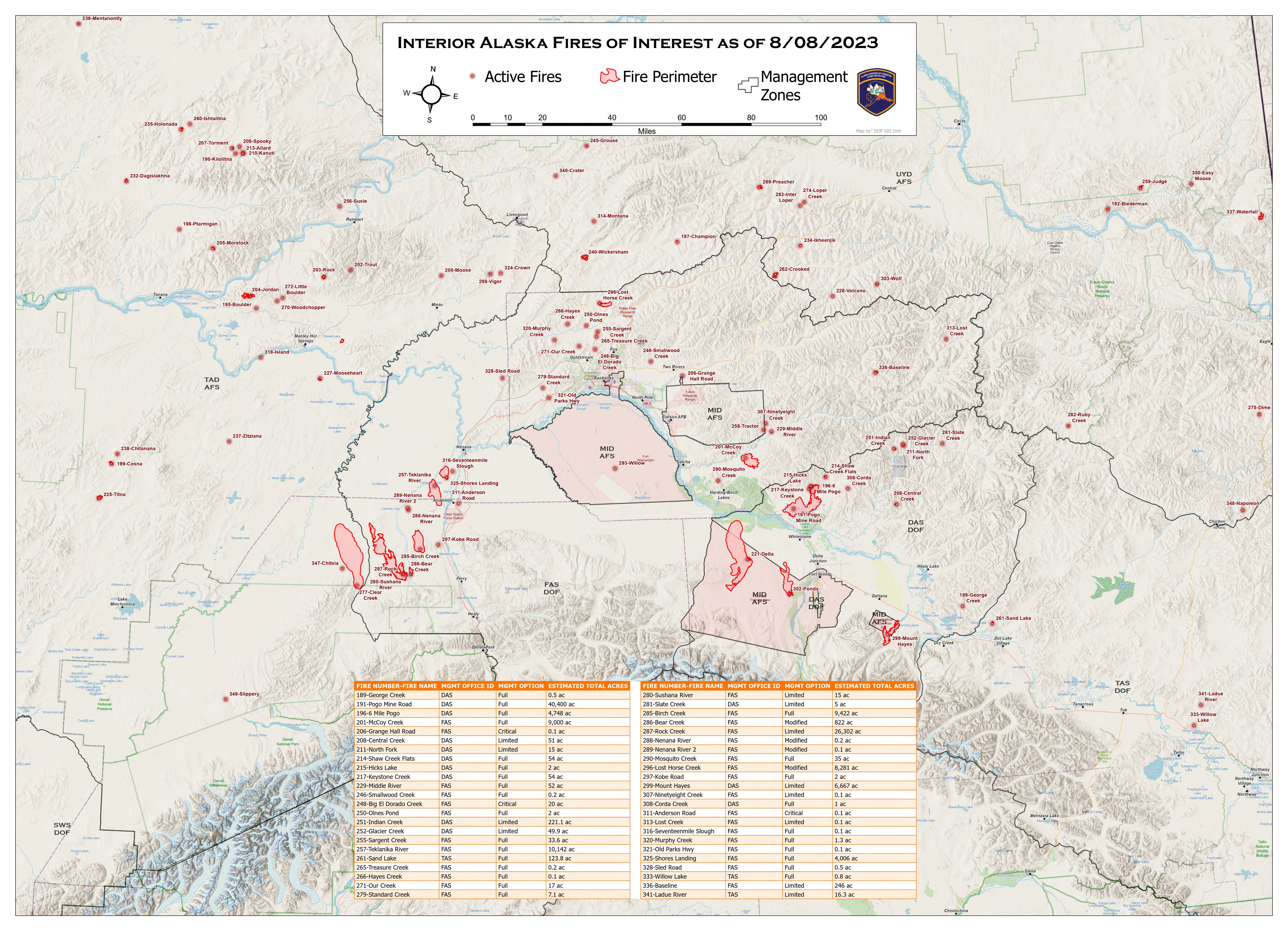 Map of fire activity in the Alaskan Interior as of August 8.