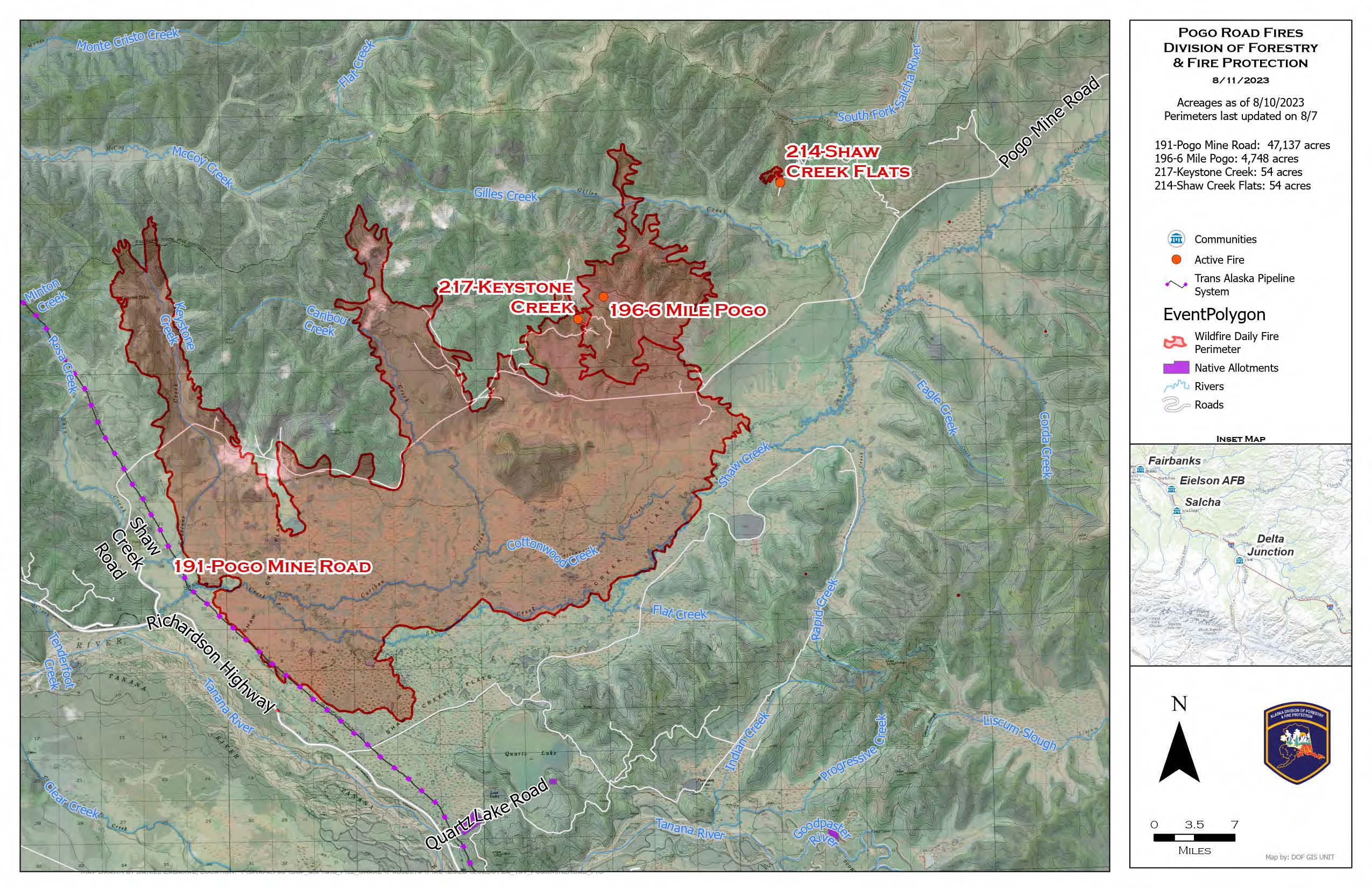 Pogo Mine Road Fire (#191) map as of August 11.