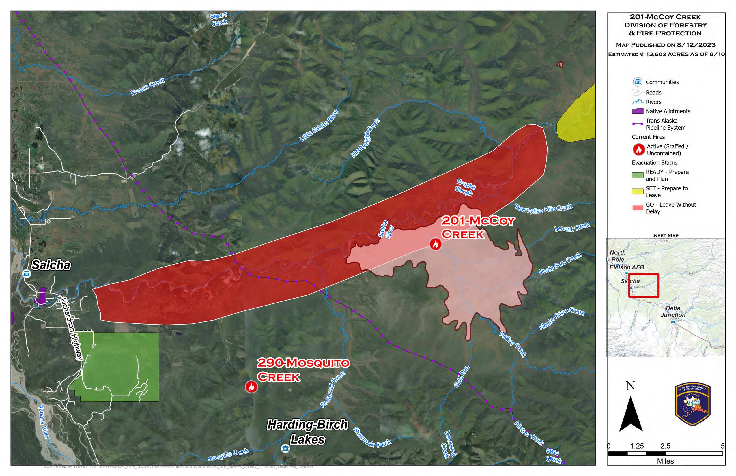 Map of McCoy Creek (#201) and Mosquito Creek (#290) Fires as of August 12.