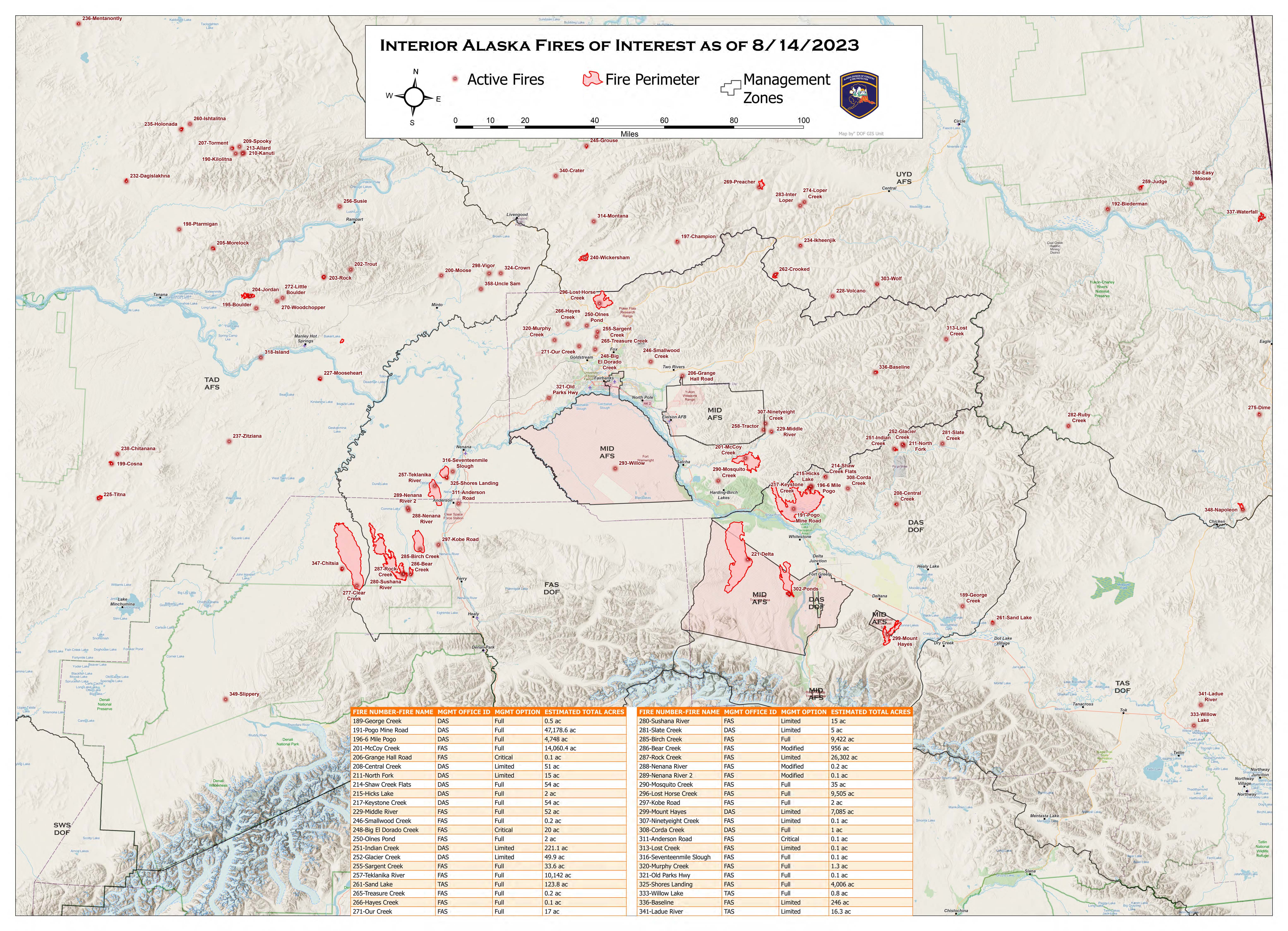 Map of fire activity in the Alaskan Interior as of August 14
