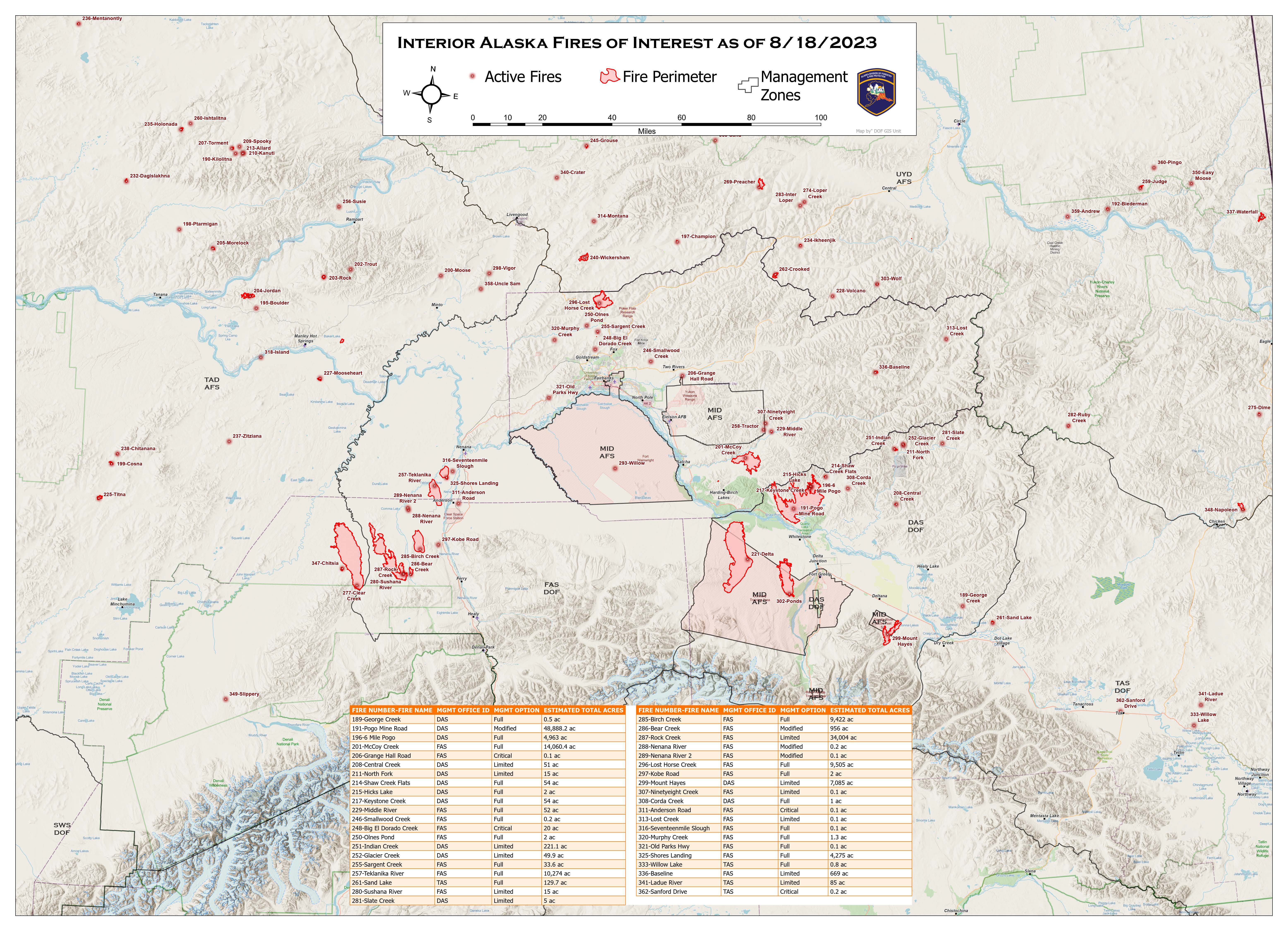 Map of fire activity in the Alaskan Interior as of August 16 Map of fire activity in the Alaskan Interior as of August 18.