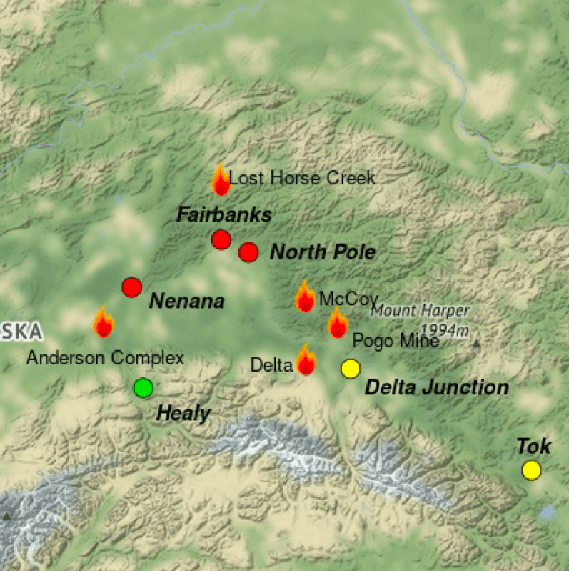 Green topographic map of Interior Alaska showing locations of active fires and forecast air quality of select locations for Aug. 10, 2023.