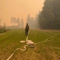 A firefighter stands by fire hoses on the ground in a smoky field