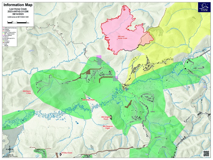 Map of the location and extent of the Lost Horse Creek Fire and evacuation status, August 14.
