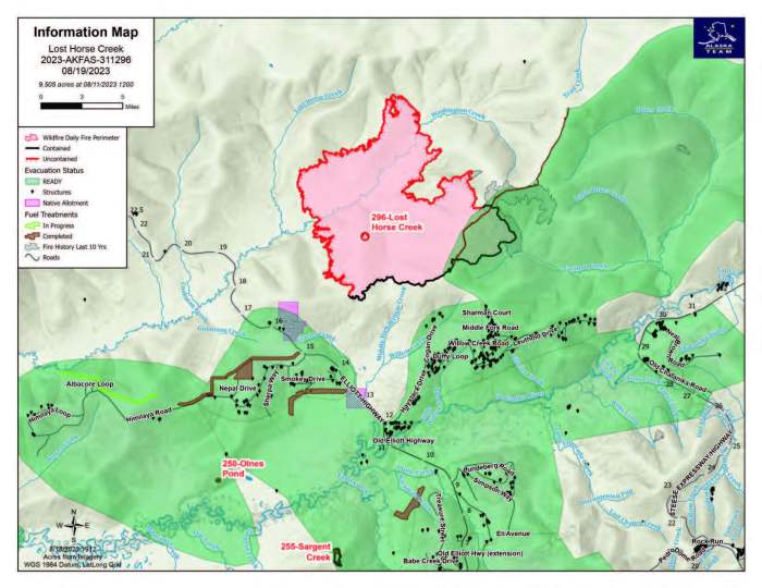Map of the Lost Horse Creek Fire for August 19.