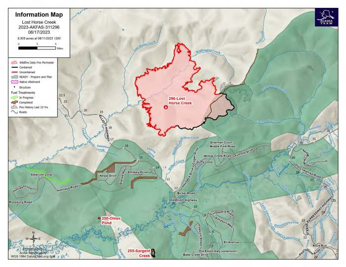 The August 17, 2023 public information map for the Lost Horse Creek Fire. The map shows that all evacuations in the area are set to READY. 