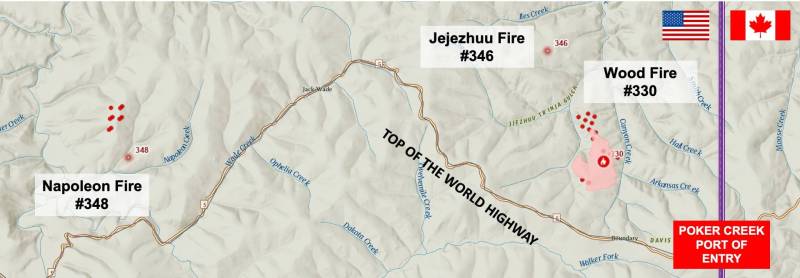 Light topographic map showing international border, the Top of the World Highway, and the location of the three wildfires currently burning north of the highway. 