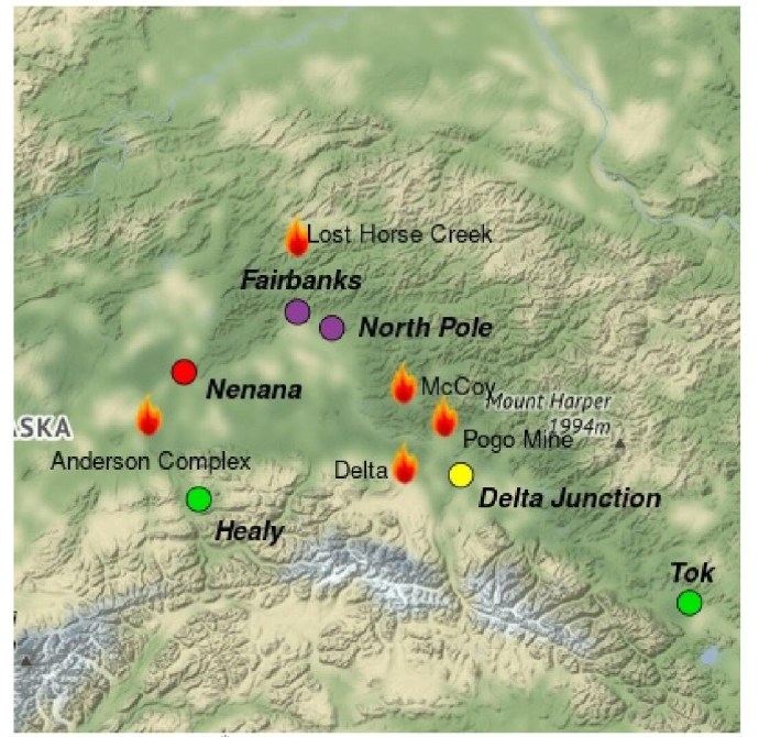 A map of Interior Alaska and air quality ratings.
