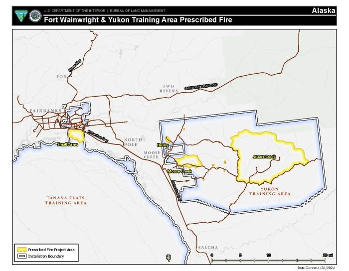 A map showing communities of Fairbanks, North Pole and Eielson Air Force Base and military training ranges slated for prescribed burning in the next month.