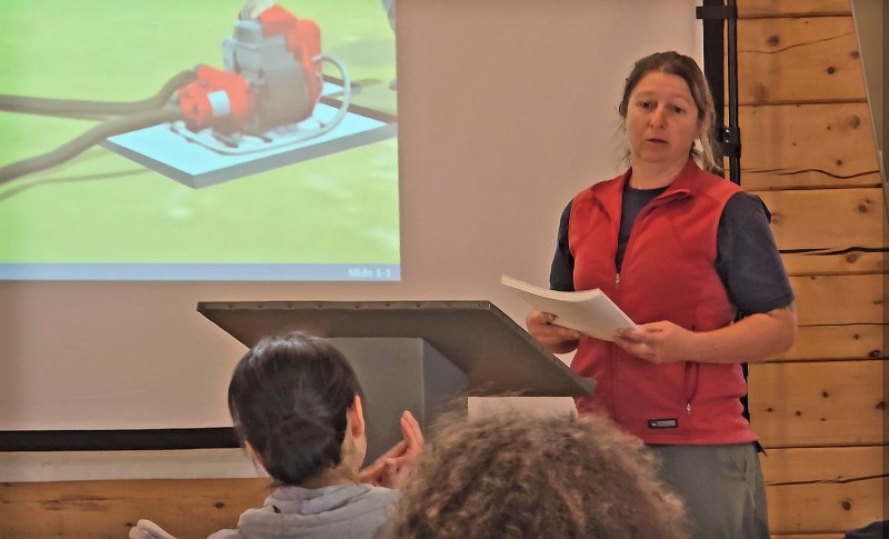 Instructor Elizabeth Guess teaches the first class S-211 Portable Pumps at the 2024 Basic Academy. Photo by PIO Kale Casey.
