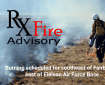 Graphic for prescribed burning with title of "Rx Fire Advisory" and featuring a photo of a firefighter using a drip torch to light dead grass on fire.