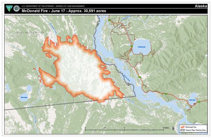 Map showing the perimeter for the McDonald Fire (#119) burning southeast of Fairbanks, Alaska on June 17, 2024.